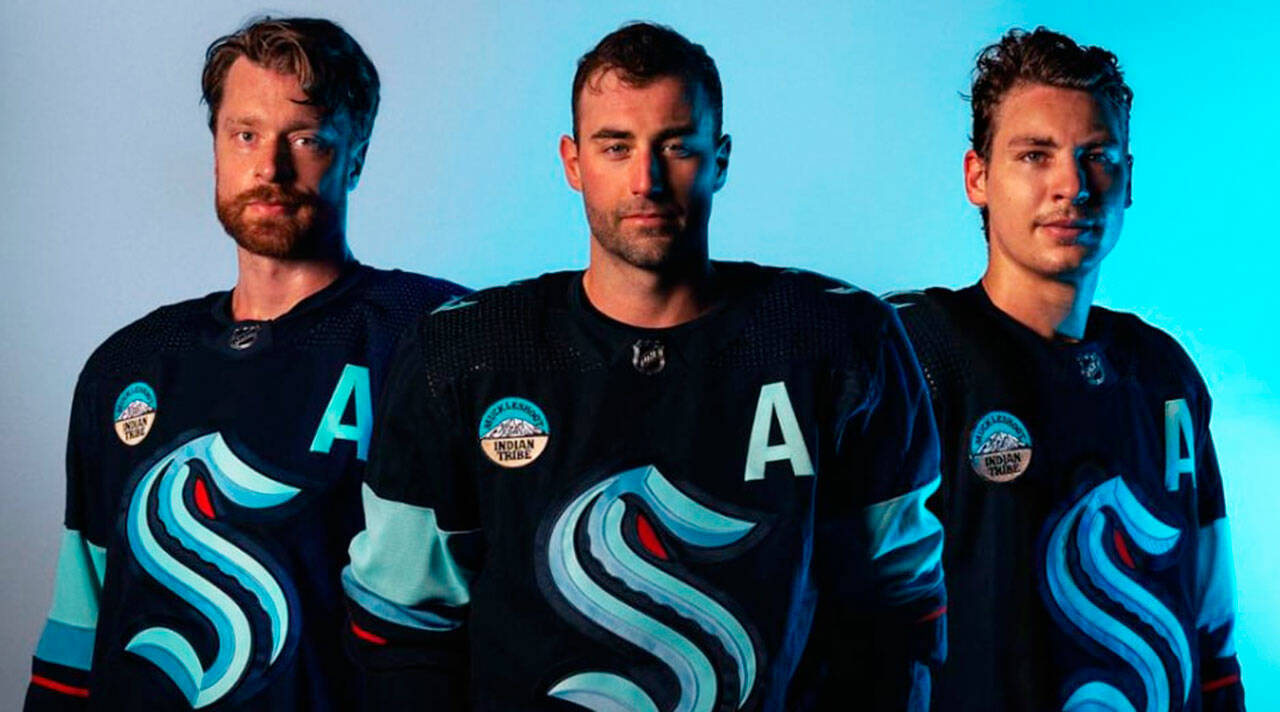 The Auburn-based Muckleshoot Tribe on Feb. 22 became the Seattle Kraken’s first jersey patch partner, and the first tribe to hold this honor in the NHL. Photo courtesy Seattle Kraken and NHL.