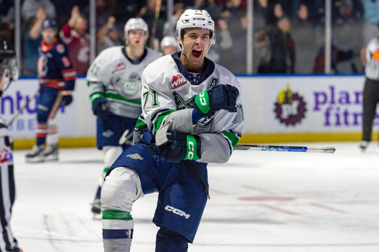 Dylan Guenther celebrates one of his two goals for the Seattle Thunderbirds in a 6-3 win over the Kamloops Blazers on Tuesday, March 21 at the accesso ShoWare Center in Kent. COURTESY PHOTO, Brian Liesse, Seattle Thunderbirds