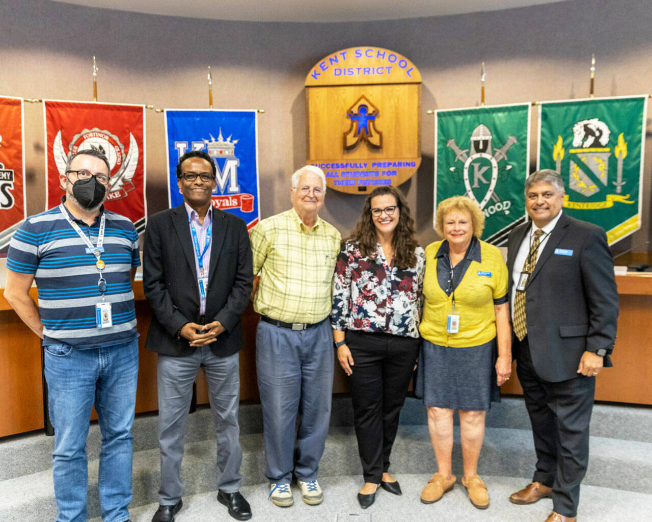 Kent School Board members, from left to right, Joe Bento, Awale Farah, Tim Clark, Meghin Margel and Leslie Hamada with Superintendent Israel Vela. COURTESY FILE PHOTO, Kent School District