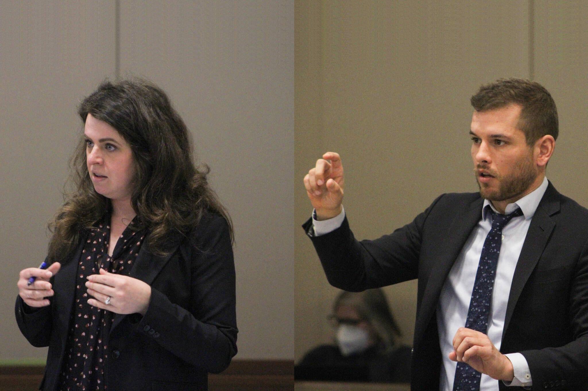 In this composited picture, a prosecuting attorney (left) and Patrick Nicholas’ defense attorney (right) argue over pre-trial motions during the first day scheduled in the trial against Nicholas, accused of the 1991 murder of Sarah Yarborough in Federal Way. Judge Josephine Wiggs asked attending news media reporters not to photograph Nicholas in court at this time, as jury selection has not yet begun. Alex Bruell /Sound Publishing