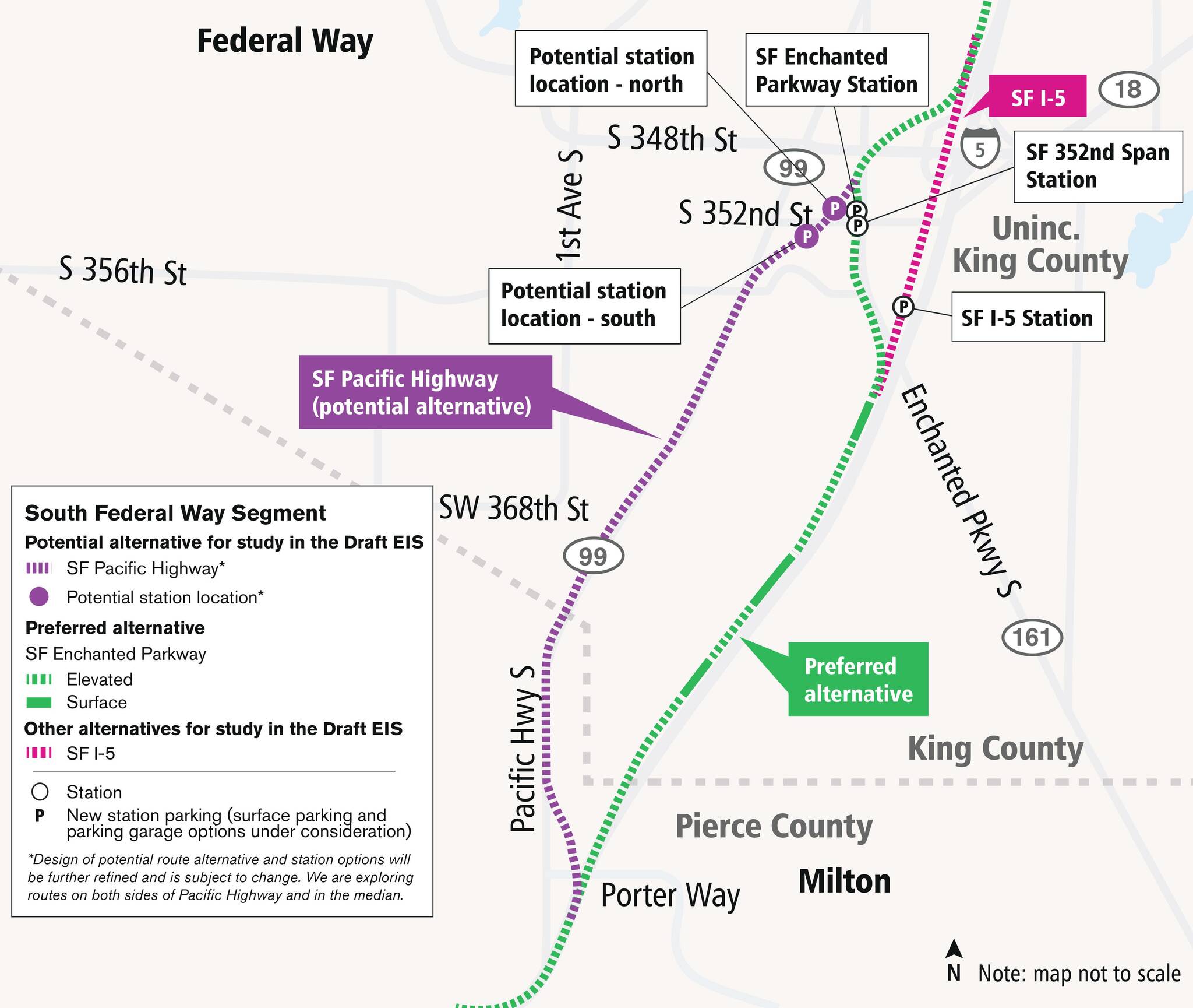 This map from Sound Transit shows several options under consideration for how the Link light rail line will proceed through the Federal Way area. The recent action by the organizations board maintains the northern section of the line in green as the preferred alternative, or the route ST believes is the best option. But the area south of the SF Enchanted Parkway Station is no longer part of the preferred route, and in fact, there isnt a preferred route past that point any longer. Sound Transit will continue studying its options.
