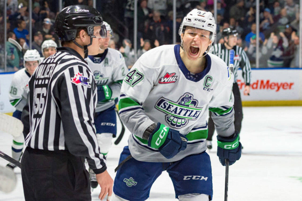 Seattle Thunderbirds’ wing Lucas Ciona celebrates during a 4-1 win over the Kelowna Rockets in Game 2 of the WHL playoffs April 1 at the ShoWare Center in Kent. COURTESY PHOTO, Brian Liesse, Seattle Thunderbirds