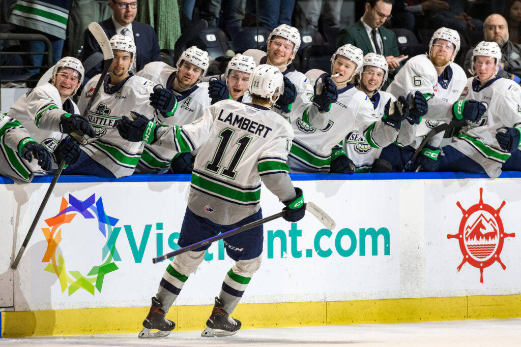 Seattle’s Brad Lambert celebrates with teammates during a 5-1 win over Prince George on Saturday, April 15 at the accesso ShoWare Center in Kent. Lambert had a goal and three assists. COURTESY PHOTO, Brian Liesse, Seattle Thunderbirds