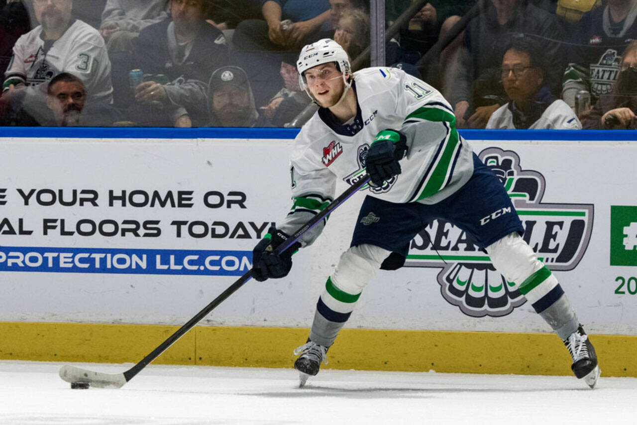 Seattle center Brad Lambert had a goal and five assists in an 8-1 victory over Prince George on Tuesday, April 18 in British Columbia. The Thunderbirds led the best-of-seven Western Hockey League series 3-0. COURTESY PHOTO, Brian Liesse, Seattle Thunderbirds