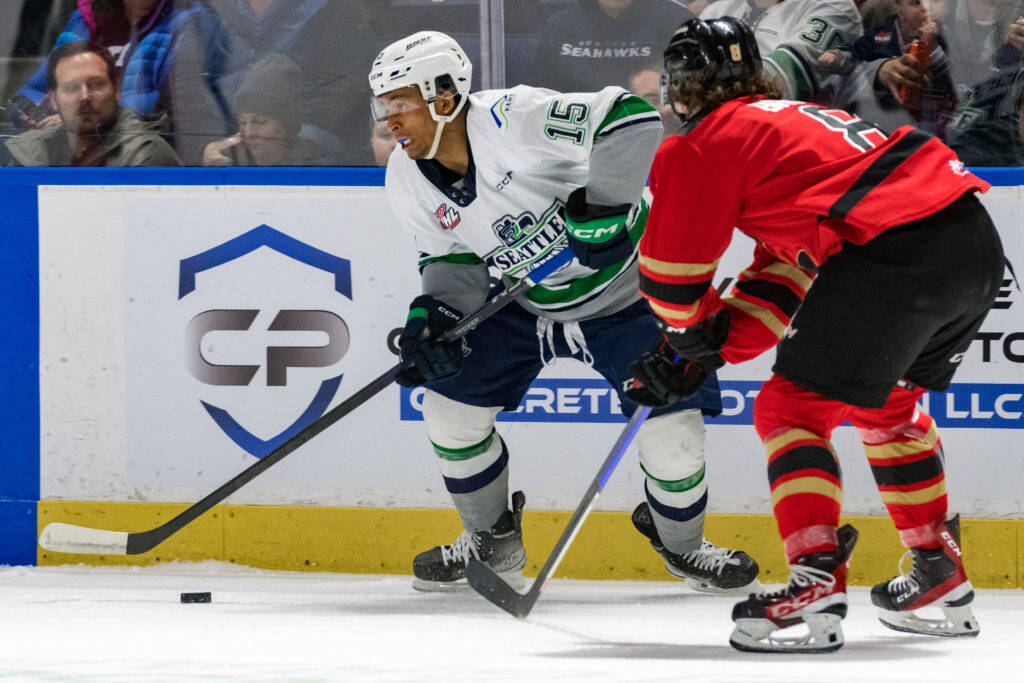 Mekai Sanders has scored in two consecutive WHL playoff games for the Seattle Thunderbirds. Sanders missed all 25 playoff games last season due to injury. COURTESY PHOTO, Brian Liesse, Seattle Thunderbirds