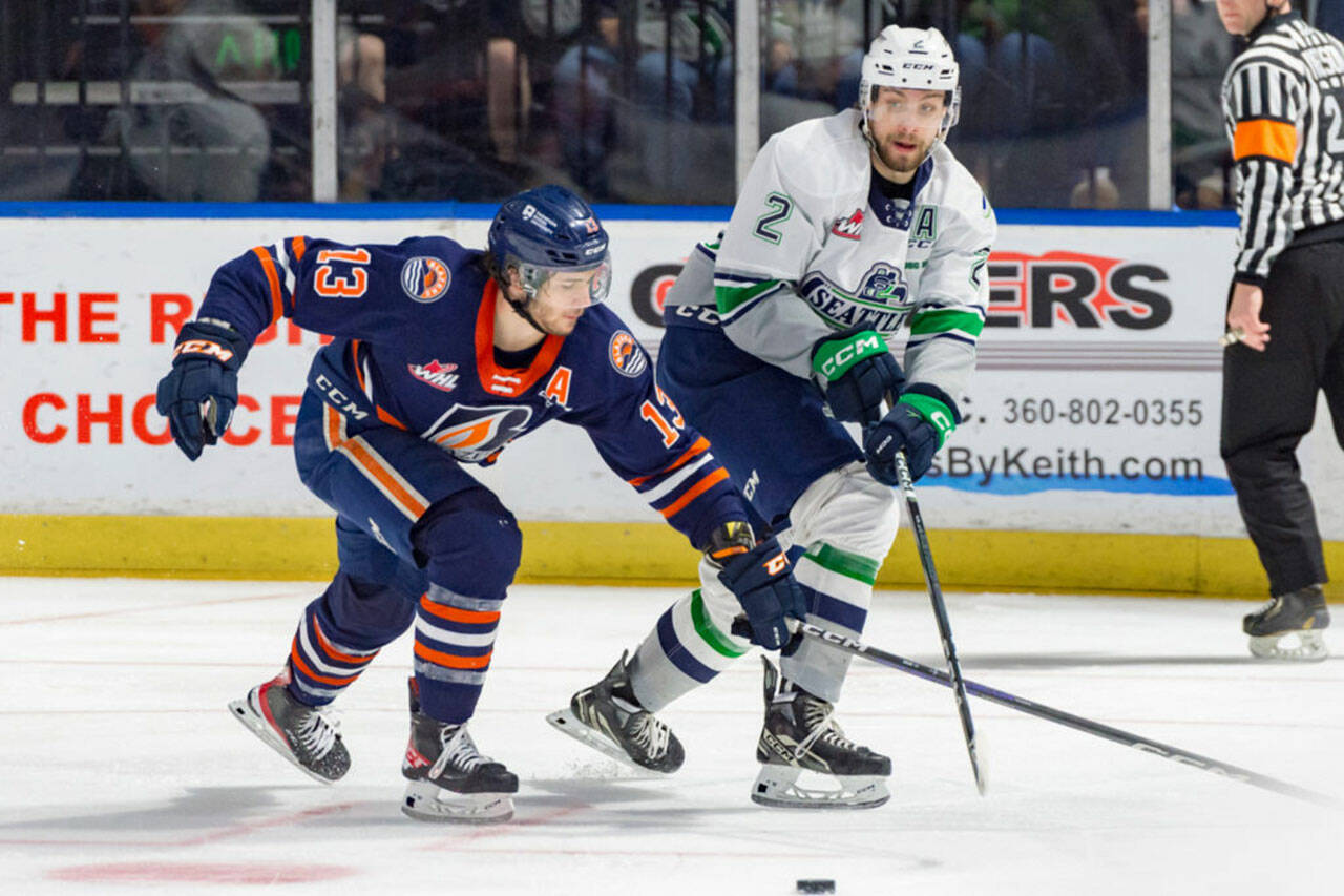 Seattle’s Nolan Allan, shown here in the April 30 game at the accesso ShoWare Center, had the only goal for the Thunderbirds in a 4-1 loss May 2 at Kamloops. COURTESY PHOTO, Brian Liesse, Seattle Thunderbirds