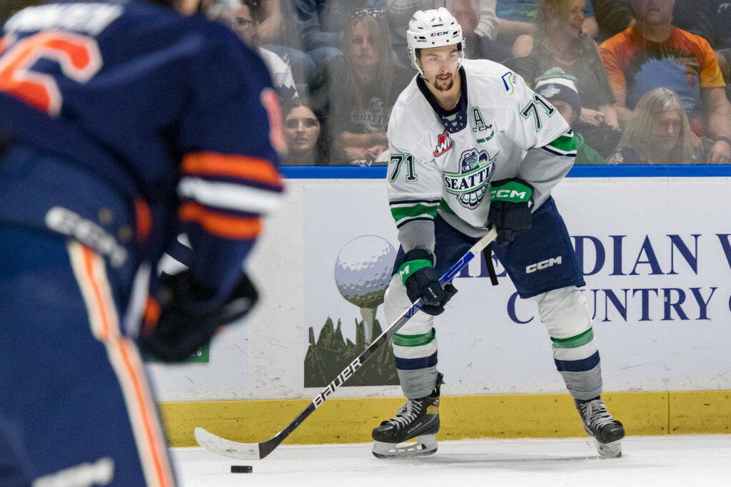 Seattle’s Dylan Guenther had three goals and an assist in an 8-4 win over the Kamloops Blazers on Thursday, May 4 that put the Thunderbirds up 3-1 in the series. COURTESY PHOTO, Brian Liesse, Seattle Thunderbirds