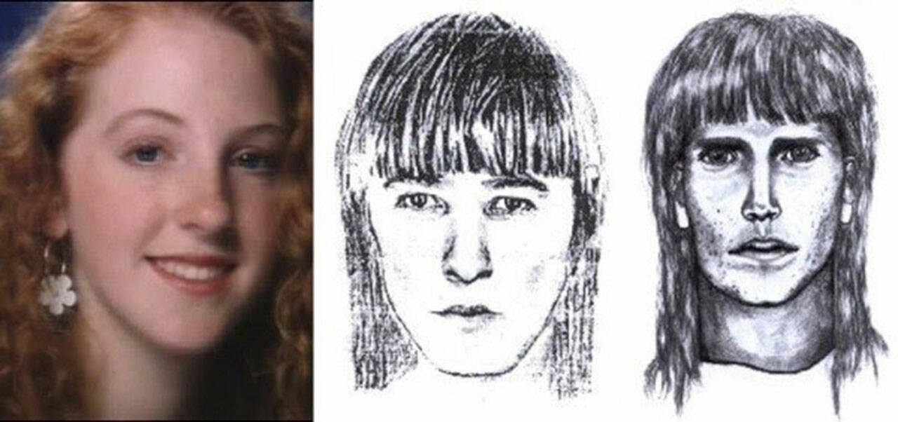 Mirror file photos
Sarah Yarborough, 16, was murdered on Federal Way High School’s campus in 1991. Next to her photo are sketches of the suspect provided by witness accounts.