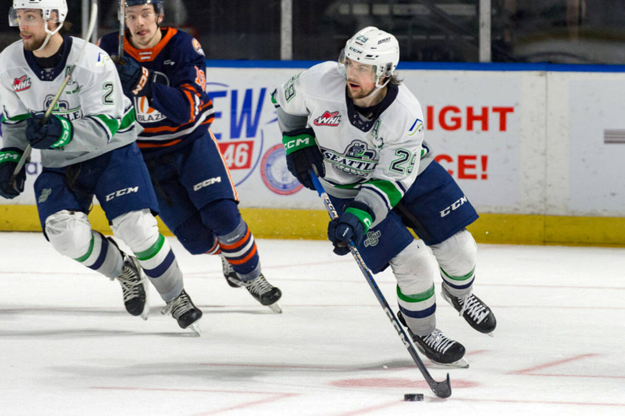 Seattle’s Jared Davidson scored his 22nd career playoff goal to set a franchise record during a 4-2 loss to the Kamloops Blazers May 6 at the accesso ShoWare Center in Kent. COURTESY PHOTO, Brian Liesse, Seattle Thunderbirds