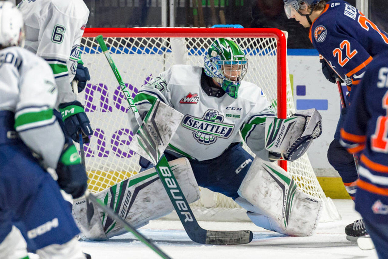 Western Hockey League (WHL) general managers and media named Seattle’s Thomas Milic as the 2022-2023 WHL Goaltender of the Year. COURTESY PHOTO, Brian Liesse, Seattle Thunderbirds