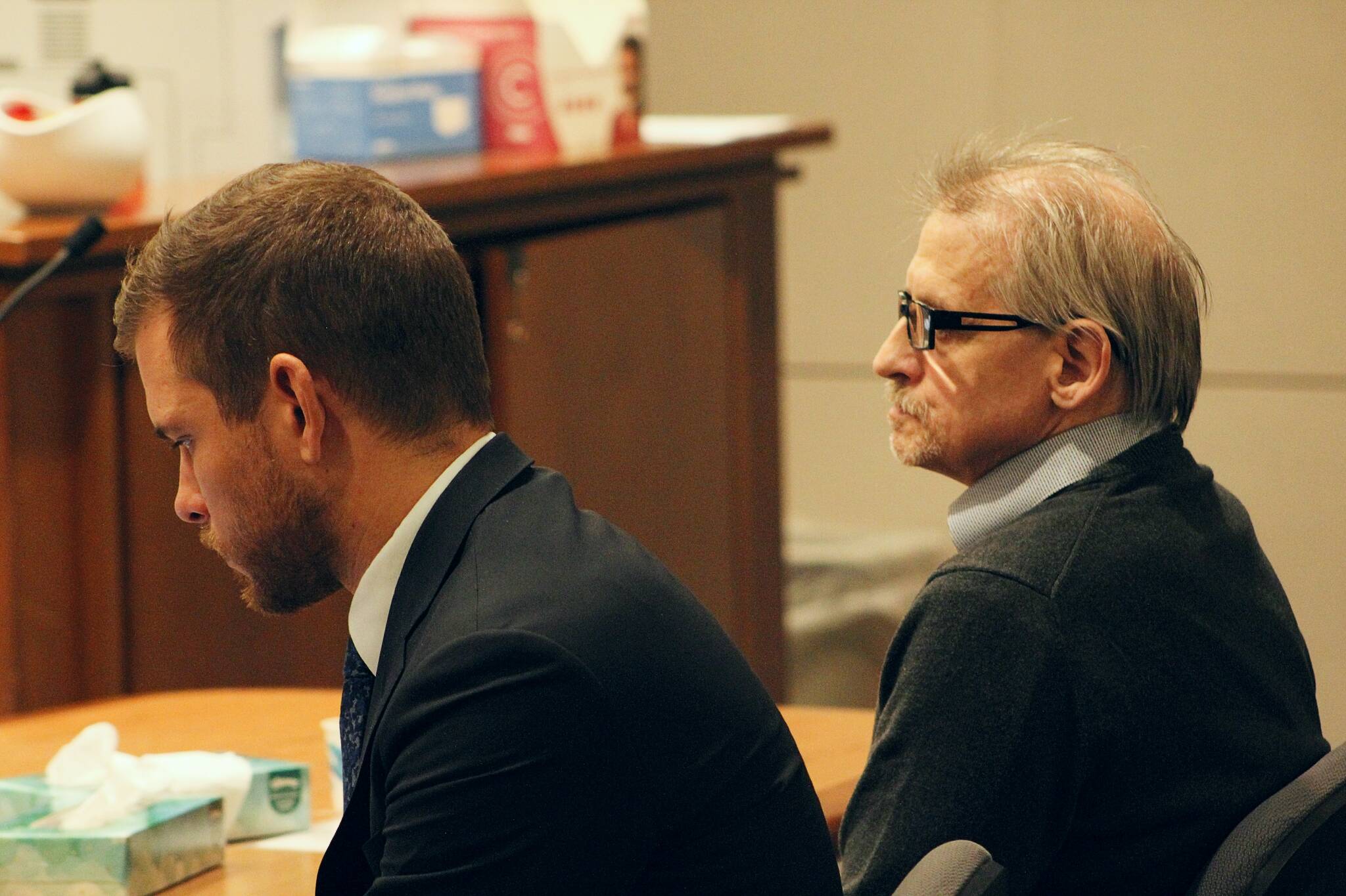 Patrick Nicholas (right) and his attorney David Montes listen on Wednesday, May 10, 2023 as the jury are polled on their verdict in the case against Nicholas, 59, at the Maleng Regional Justice Center in Kent. Jurors found Nicholas guilty of murder in the first degree (felony) and murder in the second degree, but found not guilty on a charge of murder in the first degree (premeditated). Alex Bruell / The Mirror
