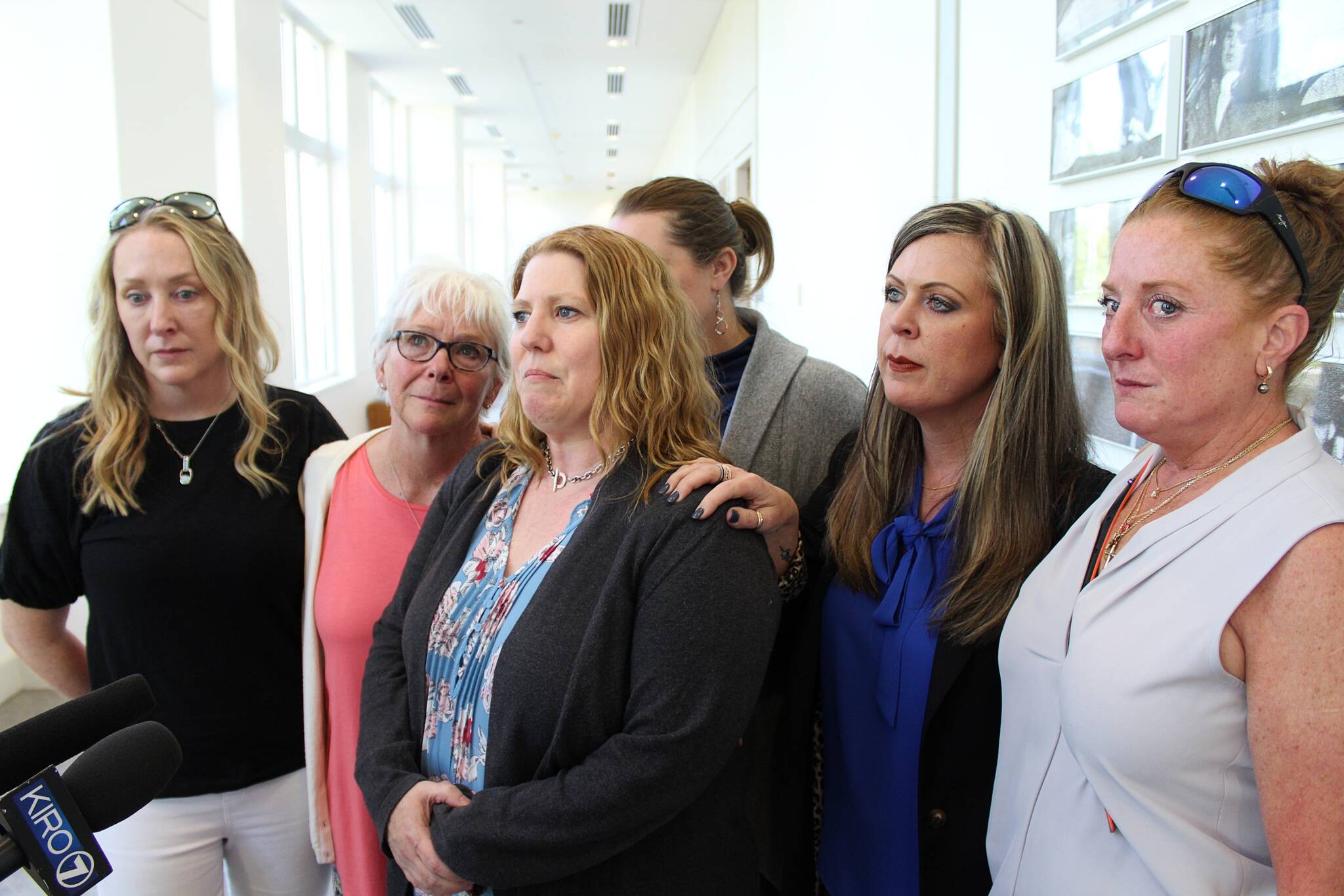 Mary Beth Thome (center), a friend of the family of Sarah Yarborough, delivers a statement to the news media and answers questions with other friends of the family on Wednesday, May 10, 2023, immediately after a jury found Patrick Nicholas guilty of murdering Yarborough. Family and friends of Sarah Yarborough sat through about three weeks of trial in the case. Alex Bruell / The Mirror