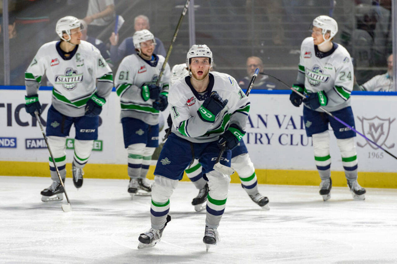 Seattle’s Brad Lambert and the rest of the Thunderbirds are clashing with the Winnipeg Ice for the Western Hockey League title. COURTESY PHOTO, Brian Liesse, Seattle Thunderbirds