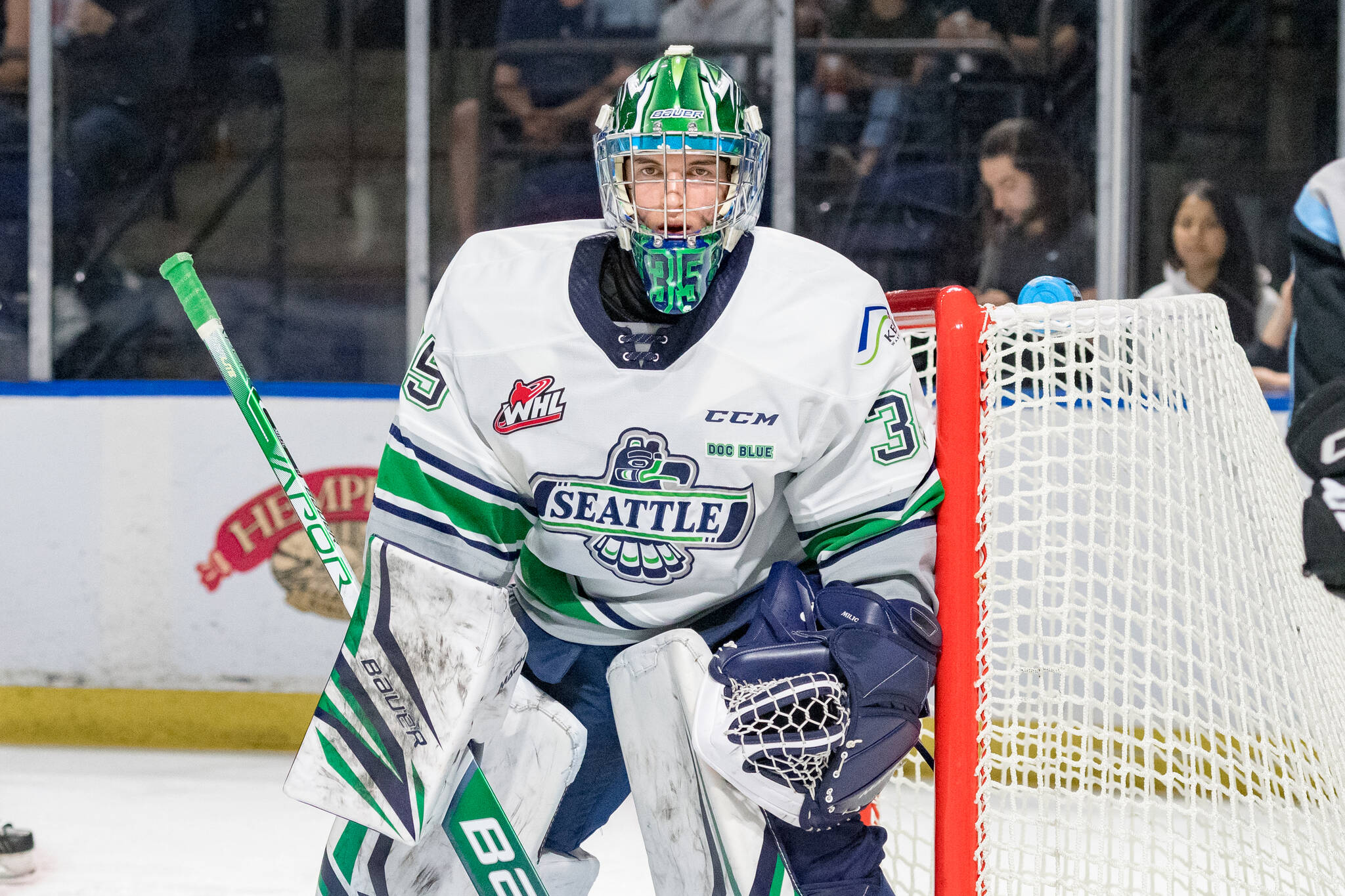 Thomas Milic in goal for the Thunderbirds May 17 against Winnipeg at the ShoWare Center in Kent. COURTESY PHOTO, Brian Liesse, Seattle Thunderbirds
