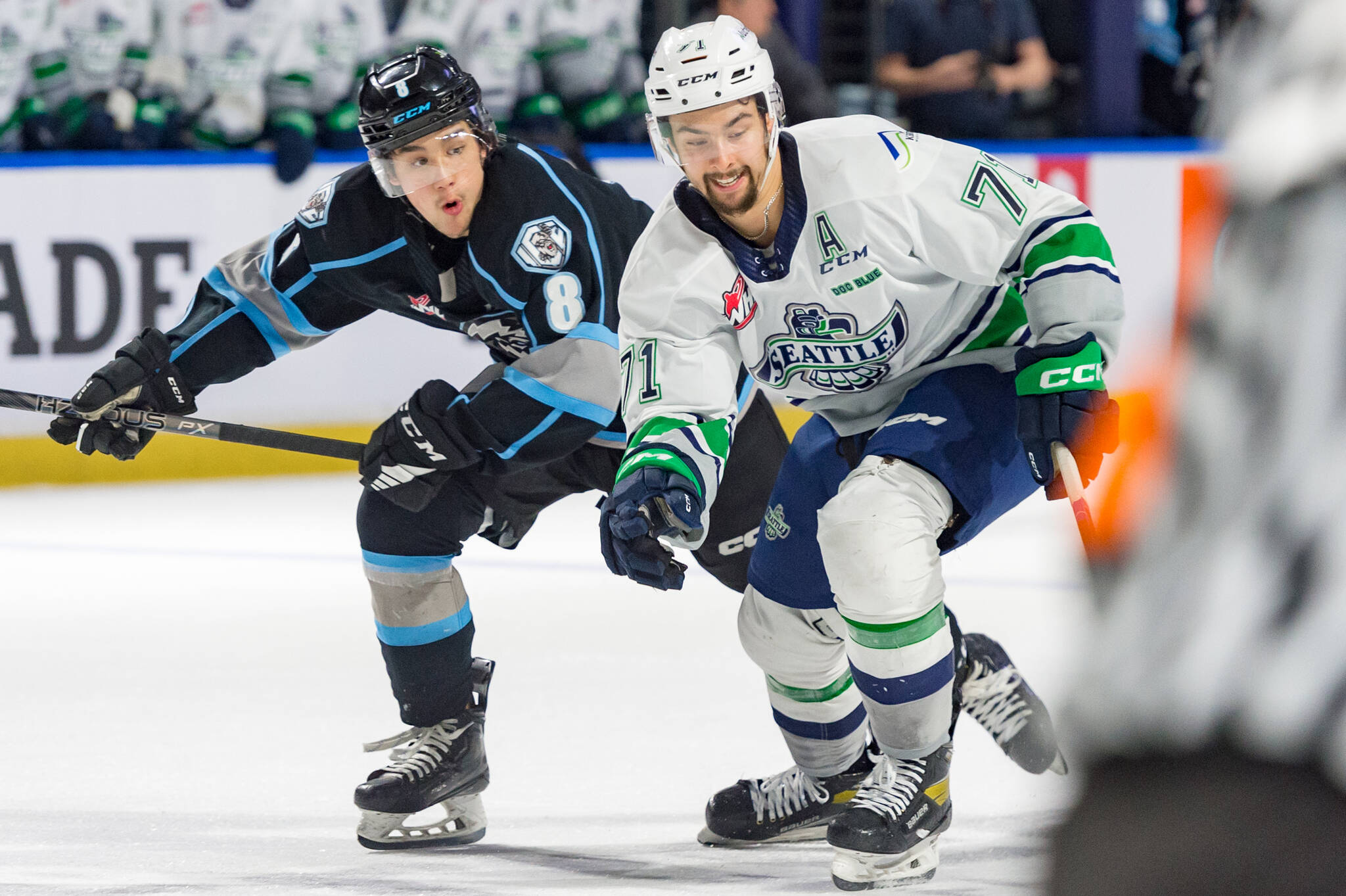 Go-ahead goal scorer Dylan Guenther, of Seattle, battles for the puck May 17 against the Winnipeg Ice. COURTESY PHOTO, Brian Liesse, Seattle Thunderbirds