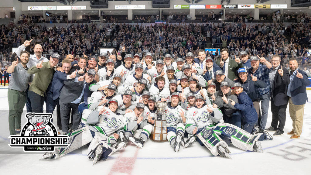 The Seattle Thunderbirds pose for a team photo after beating Winnipeg 3-1 for the WHL Championship on Friday, May 19 at the accesso ShoWare Center in Kent. COURTESY PHOTO, Brian Liesse, Seattle Thunderbirds