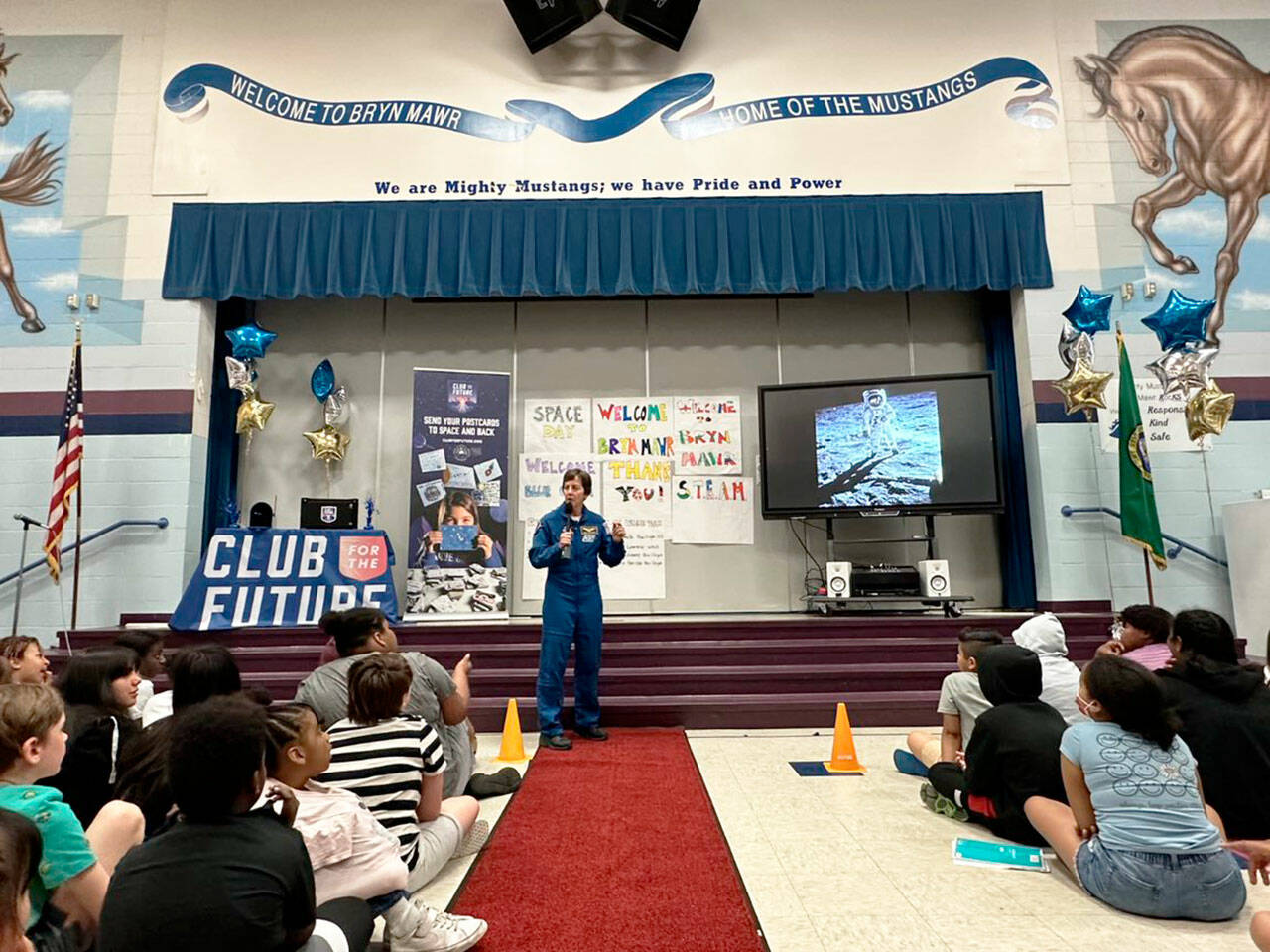 Retired NASA astronaut Capt. Wendy Lawrence, lined up by Kent-based Blue Origin, spoke to students at Bryn Mawr Elementary in Renton as part of Space Day Renton. COURTESY PHOTO, Blue Origin