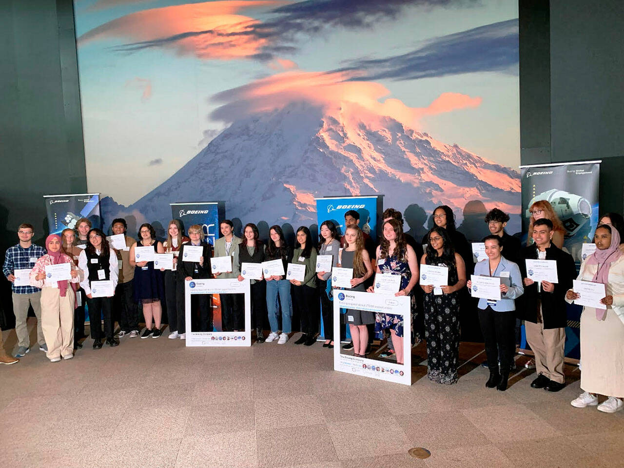 Washington State STEM Signing Day honorees in a group photo at a celebration event on May 22 at the Museum of Flight in Seattle. Three Kent high school students were among those honored. COURTESY PHOTO, Partnership for Learning