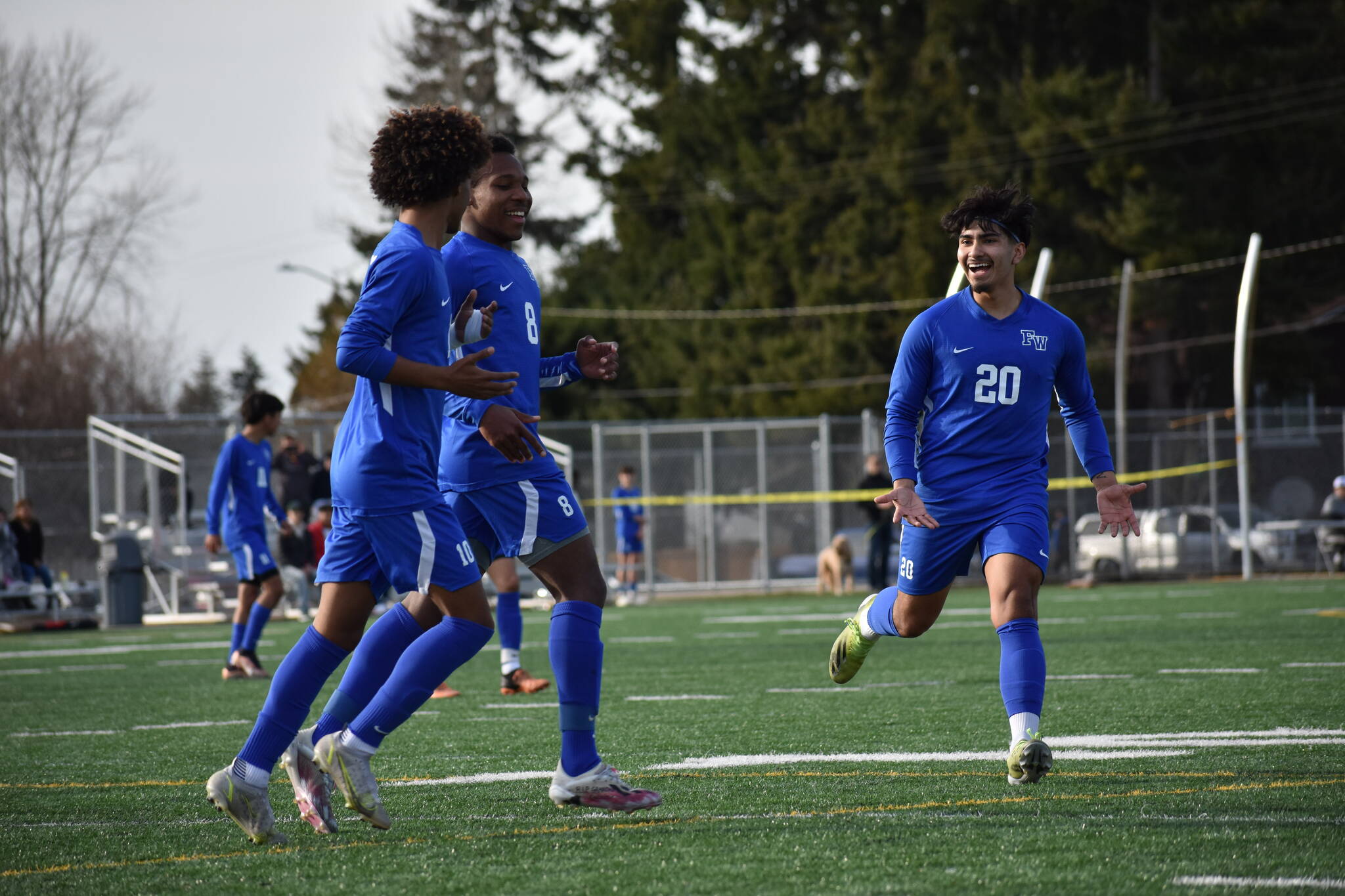 Eagles celebrate after Nehemeya Mekonnen scored Federal Way’s fourth goal of the day. Ben Ray / The Mirror