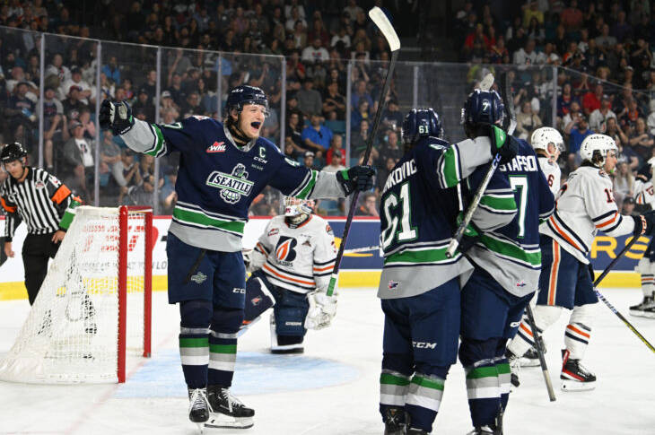 The Seattle Thunderbirds celebrate one of their goals during a 6-1 win against Kamloops May 31 in the Memorial Cup at Kamloops, British Columbia. COURTESY PHOTO, Candice Ward/CHL