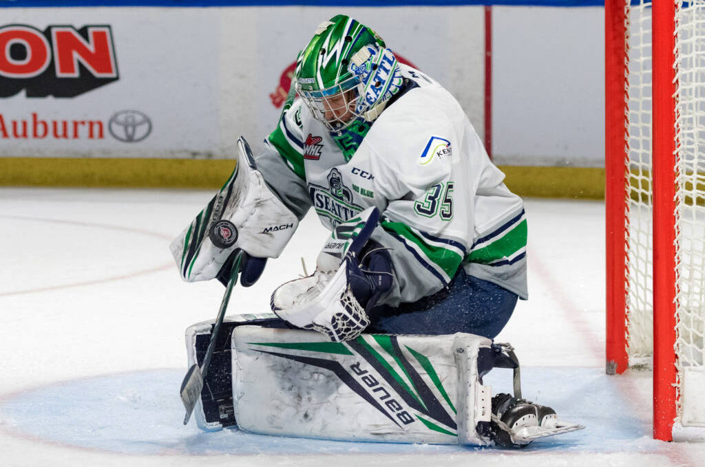 Seattle Thunderbirds goalie Thomas Milic was selected to the Canadian Hockey League first team for the 2022-2023 season. COURTESY PHOTO, Brian Liesse, Seattle Thunderbirds