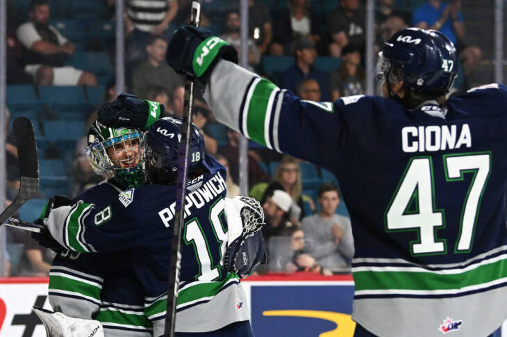 The Seattle Thunderbirds celebrate their 4-1 semifinal win over the Peterborough Petes on June 2 in the CHL Memorial Cup in Kamloops, British Columbia. COURTESY PHOTO, Candice Ward/CHL