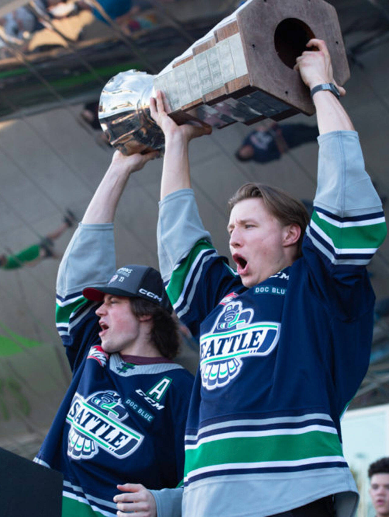 The Thunderbirds show their pride during a June 6 celebration at the ShoWare Center plaza. COURTESY PHOTO, Brian Liesse, Seattle Thunderbirds