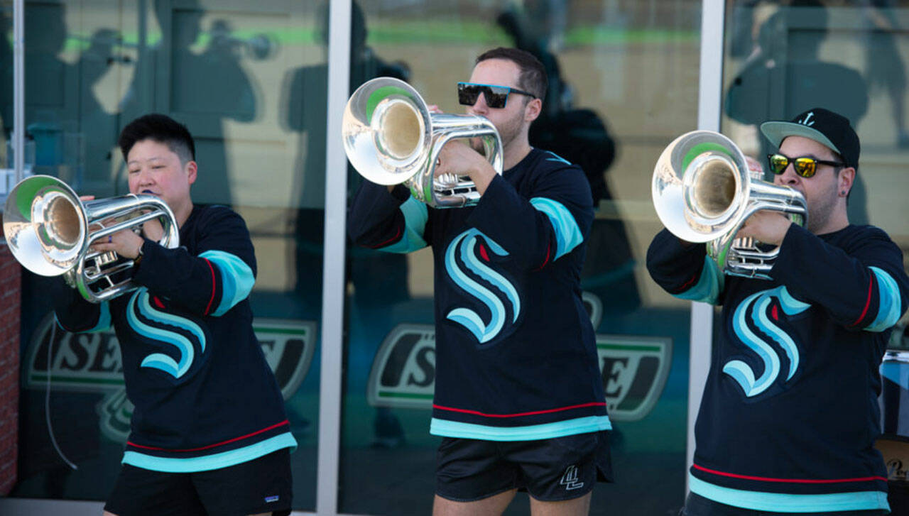 Red Alert, the Seattle Kraken marching band, performs for the crowd at the Seattle Thunderbirds celebration of winning the Western Hockey League title and playing in the Memorial Cup. COURTESY PHOTO, Brian Liesse, Seattle Thunderbirds