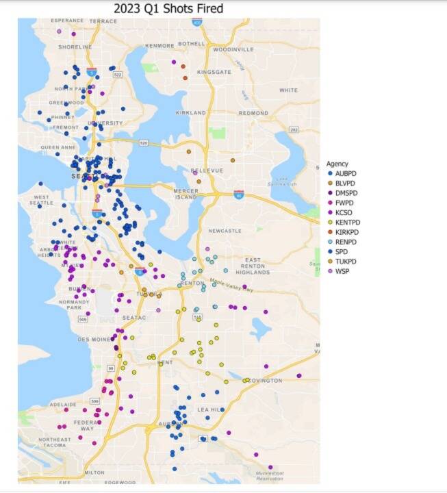 Geographical distribution map of shots fired incidents in the first quarter of 2023 in King County. (Courtesy of the King County Prosecuting Attorney's Office.)