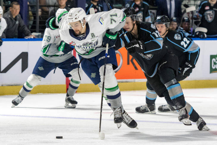 Seattle’s Dylan Guenther skates against the Winnipeg Ice in the 2022-2023 WHL Championship series at the ShoWare Center in Kent. The Winnipeg franchise is moving to Wenatchee for the 2023-2024 season. COURTESY PHOTO, Brian Liesse, Seattle Thunderbirds