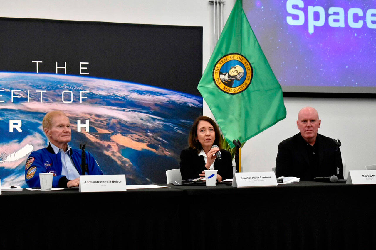 NASA Administrator Bill Nelson, U.S. Sen. Maria Cantwell and Blue Origin CEO Bob Smith at the Washington State Space Summit July 5 at Blue Origin in Kent. COURTESY PHOTO, Office of Sen. Cantwell
