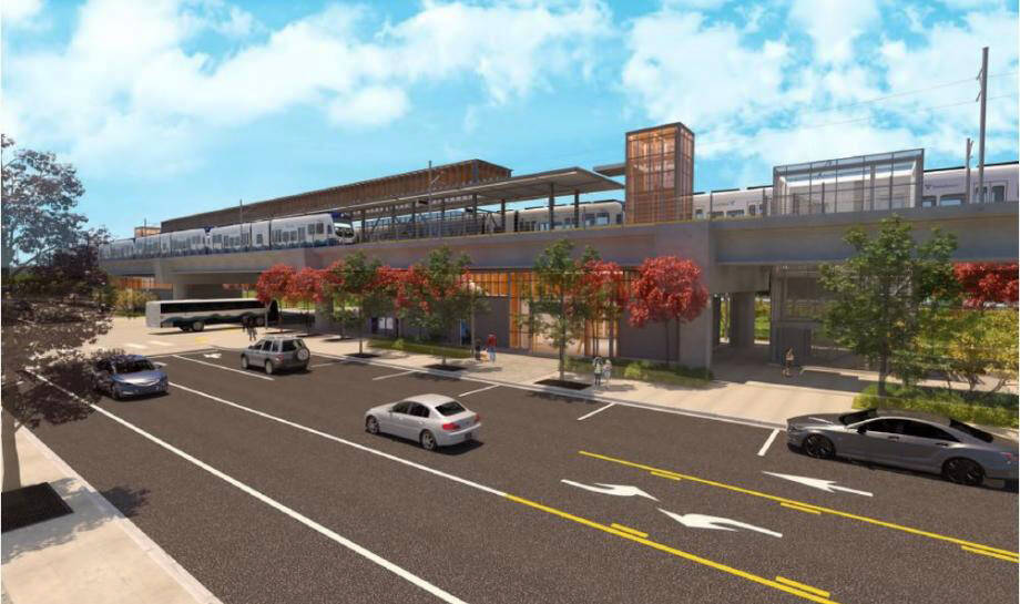 A rendering of the Kent Des Moines light rail station with a new street to connect the station with Highline College. The Federal Way Link Extension opening has been delayed until 2026. COURTESY IMAGE, Sound Transit