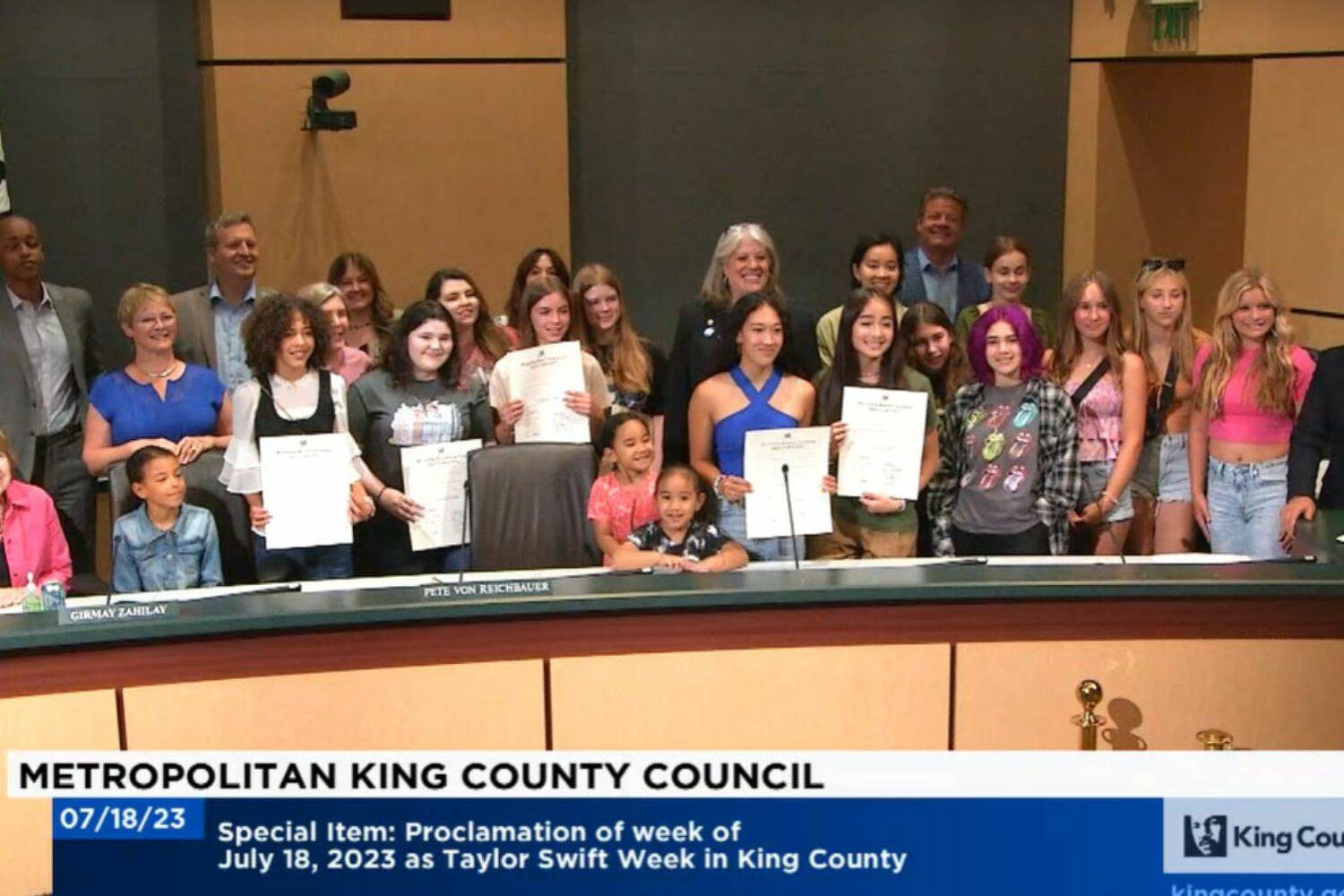 King County Councilmember Claudia Balducci invited young Swifties to read the proclamation, with each taking an album title-themed clause. (Courtesy of King County)