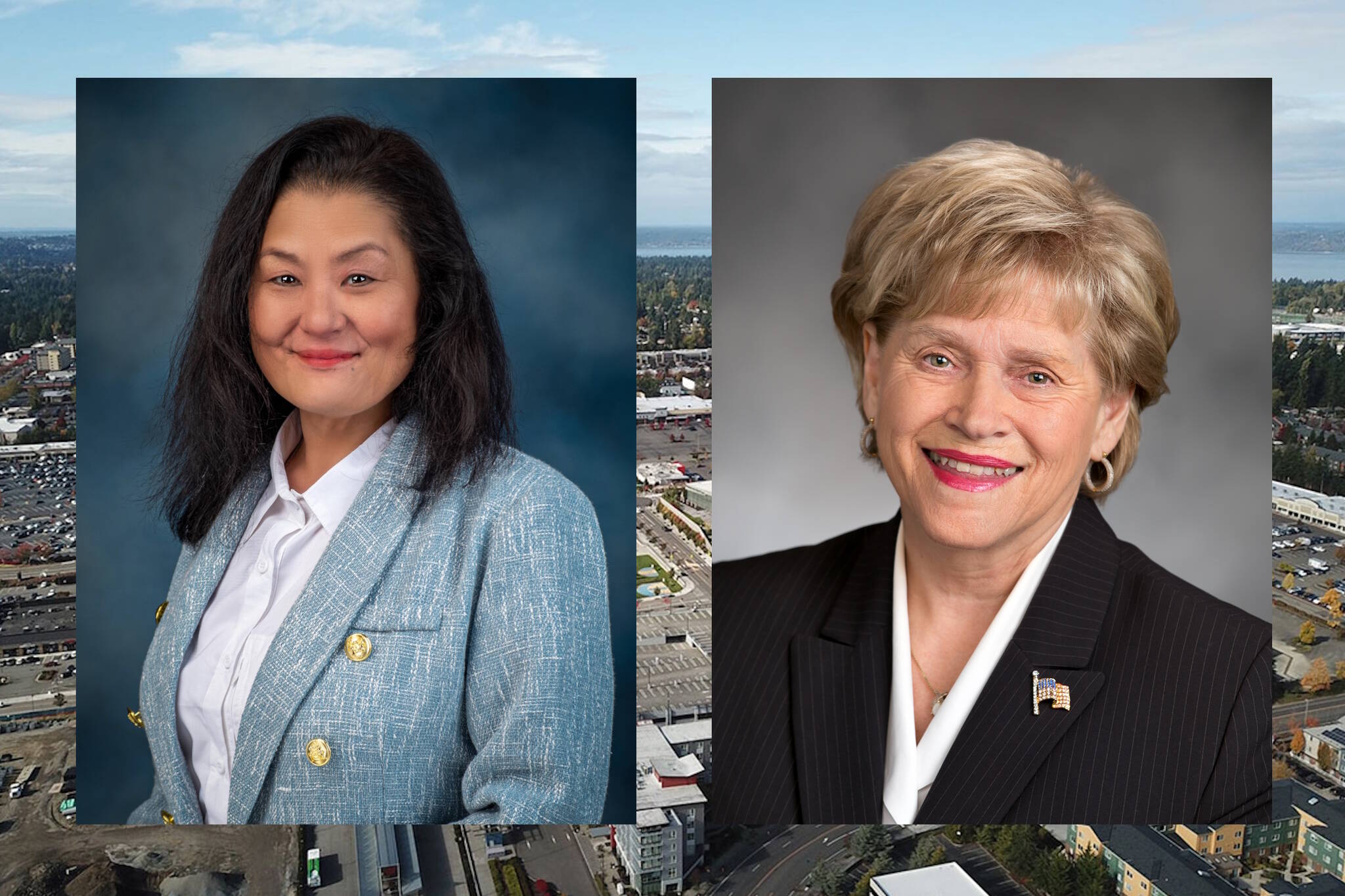Denise Yun, left, is running against incumbent Federal Way City Councilmember (Position 7) Linda Kochmar, who is also the current council president. (File photos)