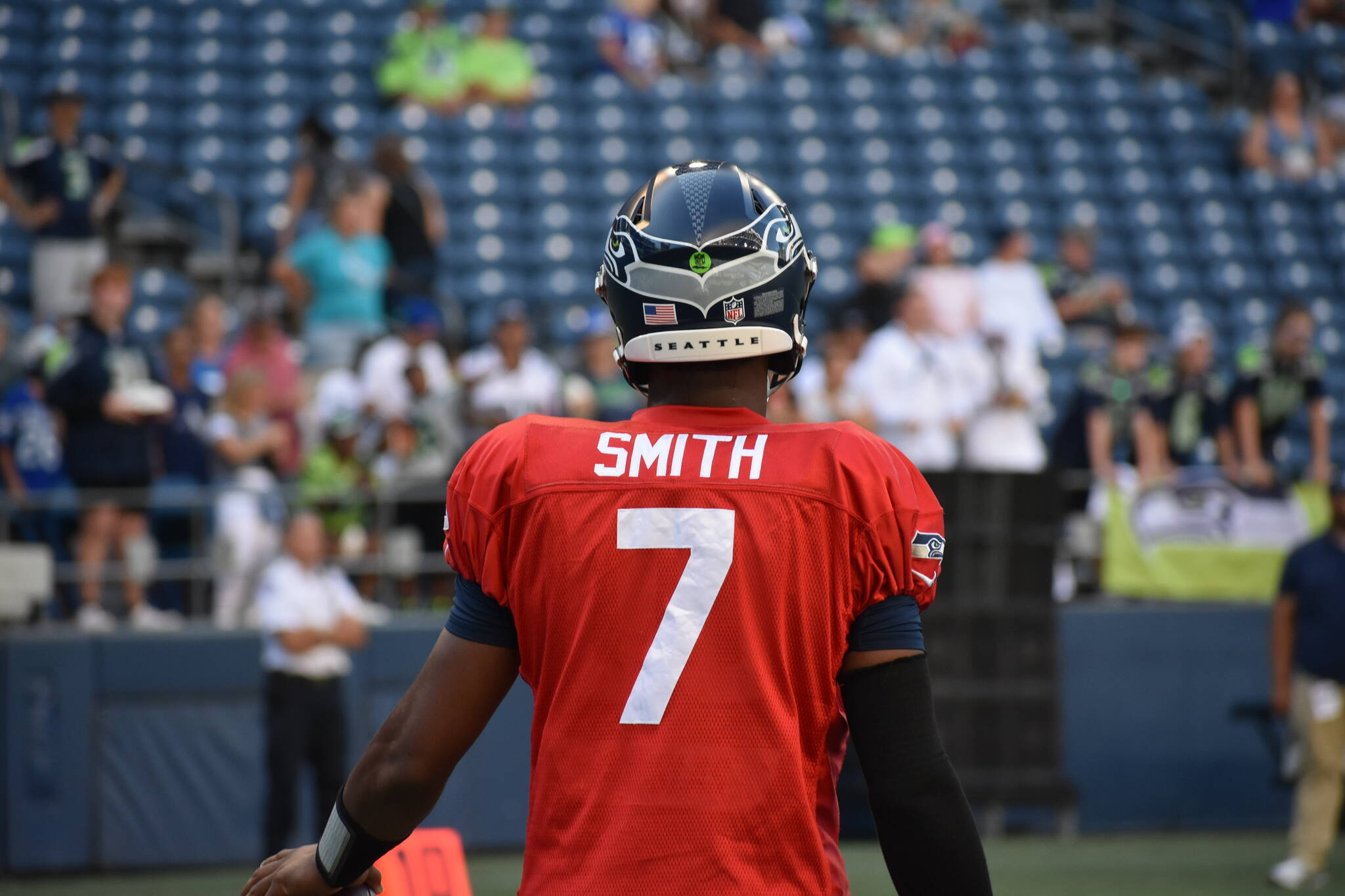 Seahawks QB Geno Smith looks at fans before the mock game. (Photos by Ben Ray / Sound Publishing)