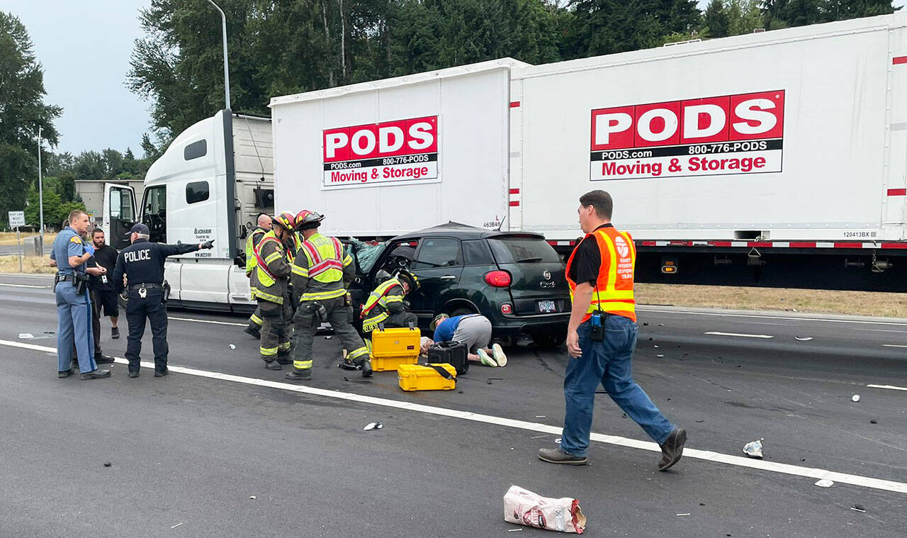 The Washington State Patrol, Kent Police and Puget Sound Fire respond to a Saturday, Aug. 5 crash along Kent Des Moines Road near Meeker Street. COURTESY PHOTO, Puget Sound Fire