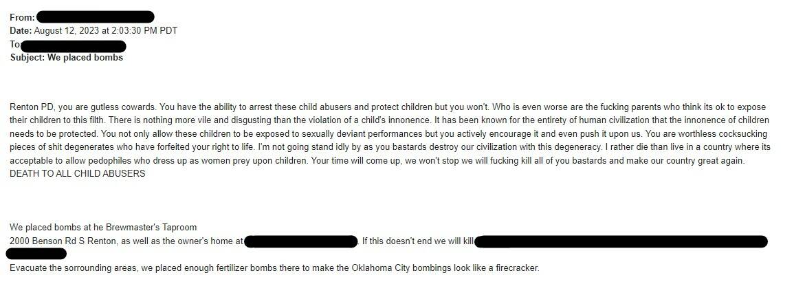 Screenshot of the redacted bomb threat (Courtesy image)