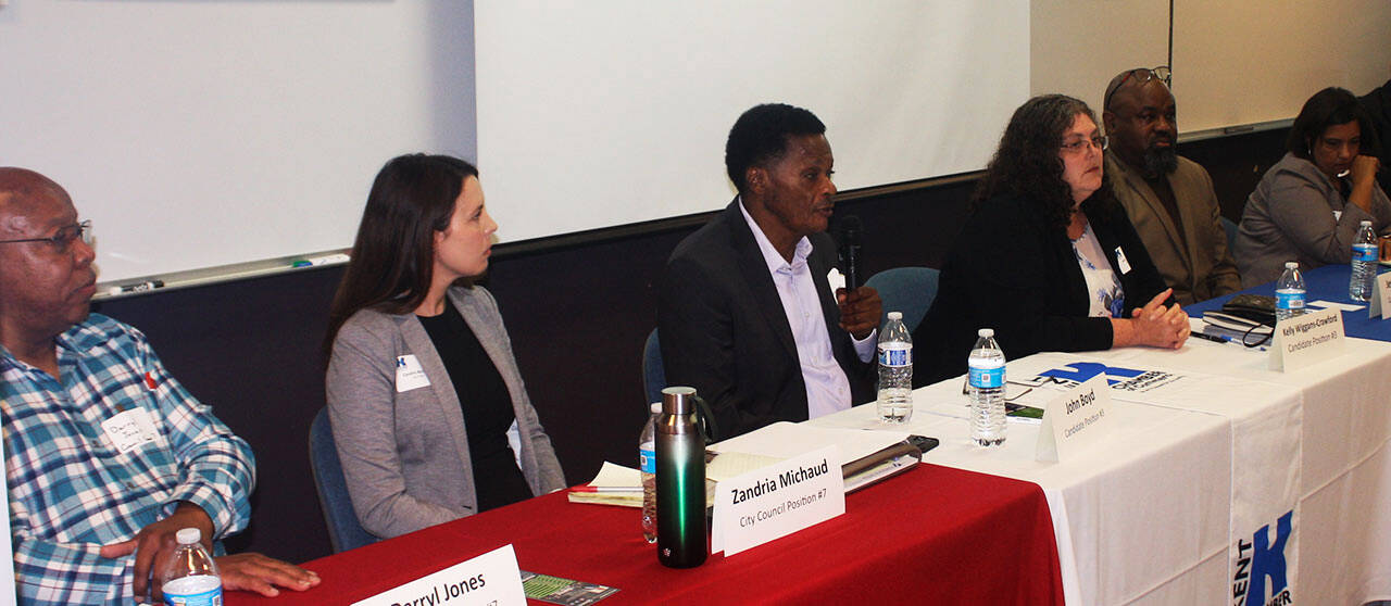 Six candidates for the Kent City Council at a Sept. 7 Kent Chamber of Commerce forum included, from left to right, Darryl Jones, Zandria Michaud, John Boyd, Kelly Wiggans-Crawford, Jessie Ramsey and Marli Larimer. STEVE HUNTER, Kent Reporter
