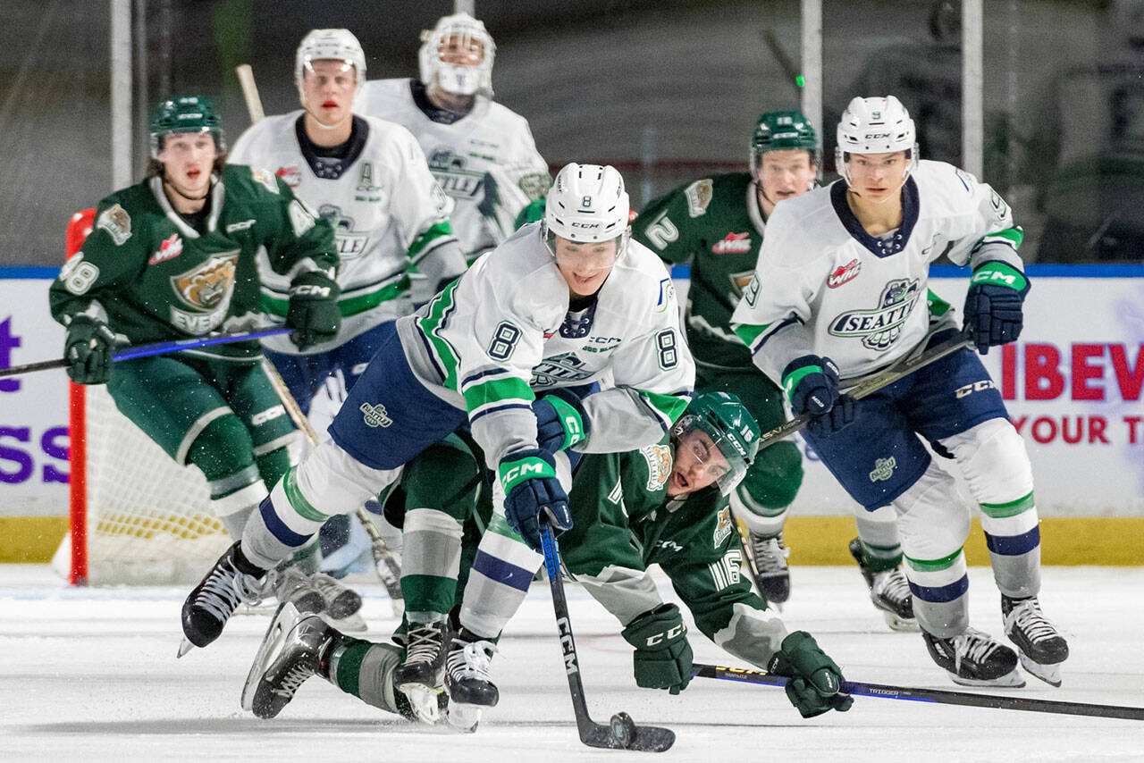 The Seattle Thunderbirds, shown here in preseason action, open the Western Hockey League regular season Saturday, Sept. 23 at the Wenatchee Wild. The T-Birds home opener is Saturday, Sept. 30 against Portland at the accesso ShoWare Center. COURTESY PHOTO, Brian Liesse, Seattle Thunderbirds