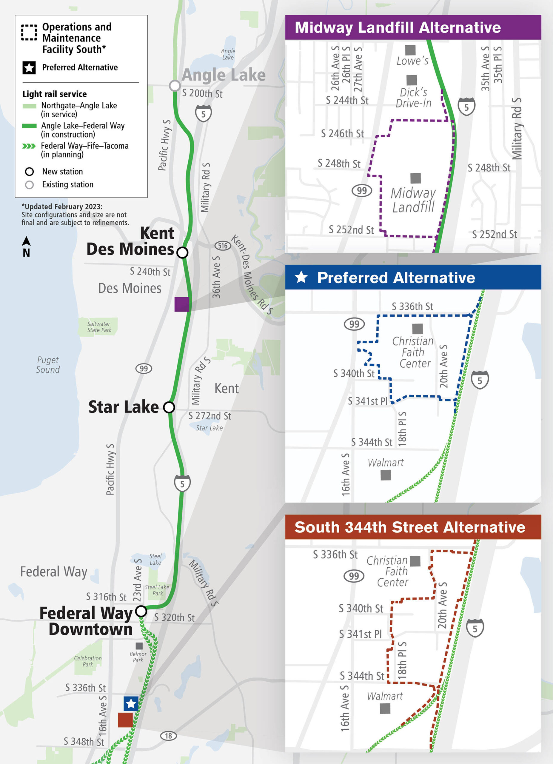 Overview of the updated footprints for the three possible alternatives for the proposed Sound Transit Operations and Maintenance Facility. Image provided by Sound Transit.