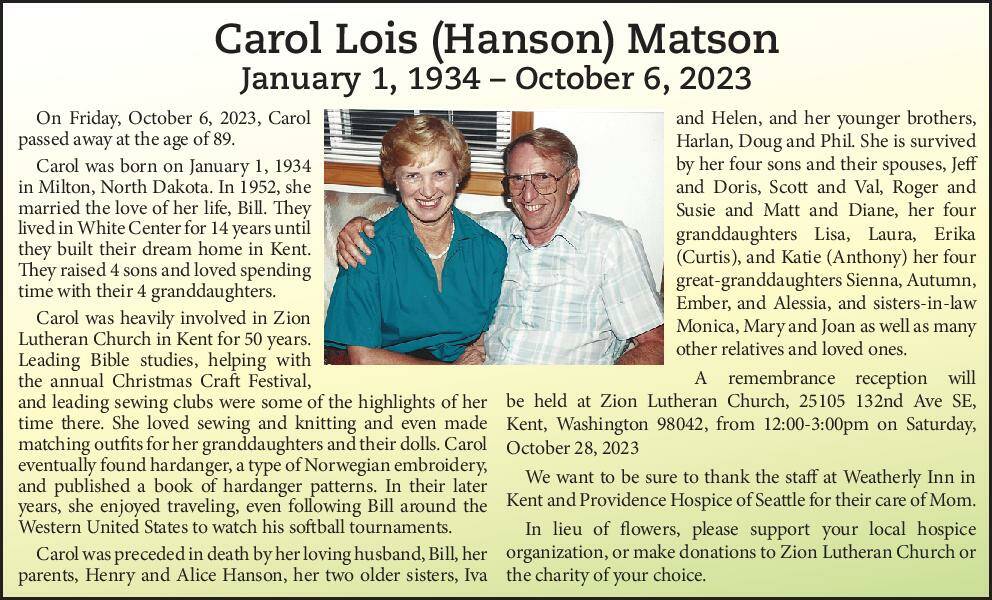Carol Lois (Hanson) Matson | Obituary