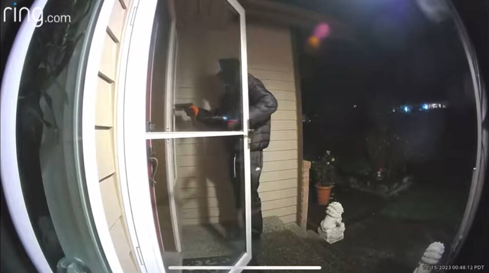 A screenshot of the Ring video footage of the Oct. 15 attempted home invasion in Kent that was thwarted after residents locked the door on the man. (Screenshot.)