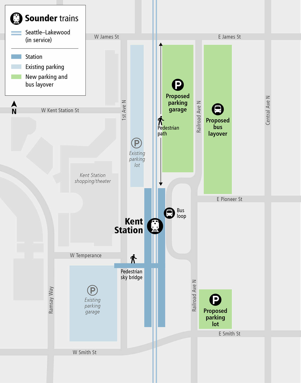A graphic shows the location of a new Sounder parking garage in Kent. COURTESY GRAPHIC, Sound Transit