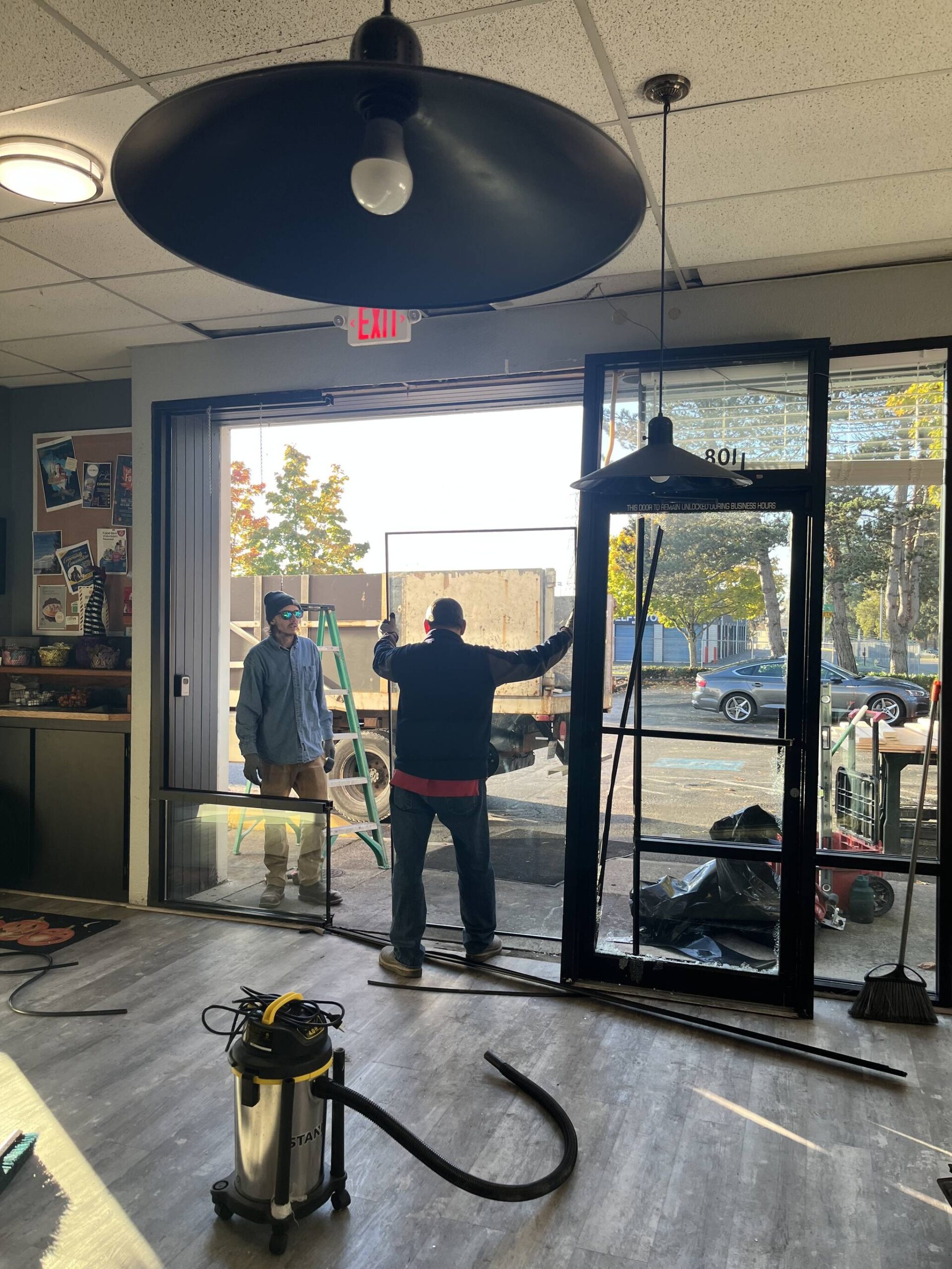 Contractors worked to create a temporary storefront in order to allow the business to reopen as quickly as possible. Photo provided by FUSION.