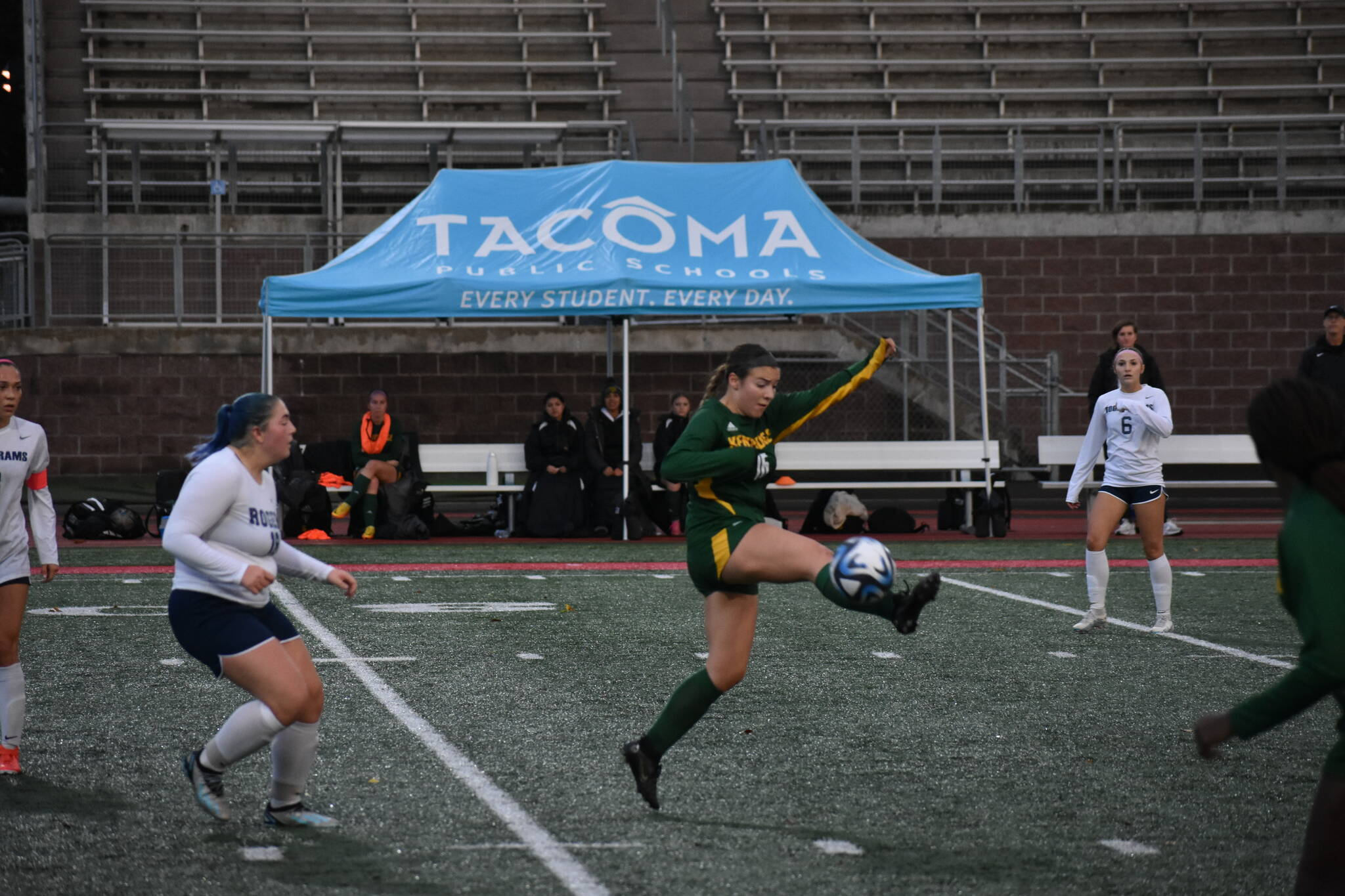 Alexa Mora deflects a ball off her shin in the first half against the Rams. Ben Ray / The Reporter