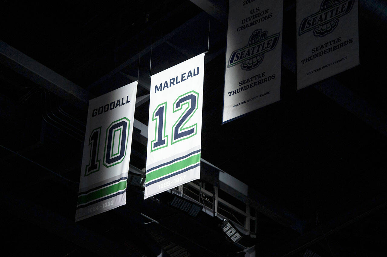 Patrick Marleau’s number with the Seattle Thunderbirds hangs in the rafters of the accesso ShoWare Center. COURTESY PHOTO, Brian Liesse, Seattle Thunderbirds