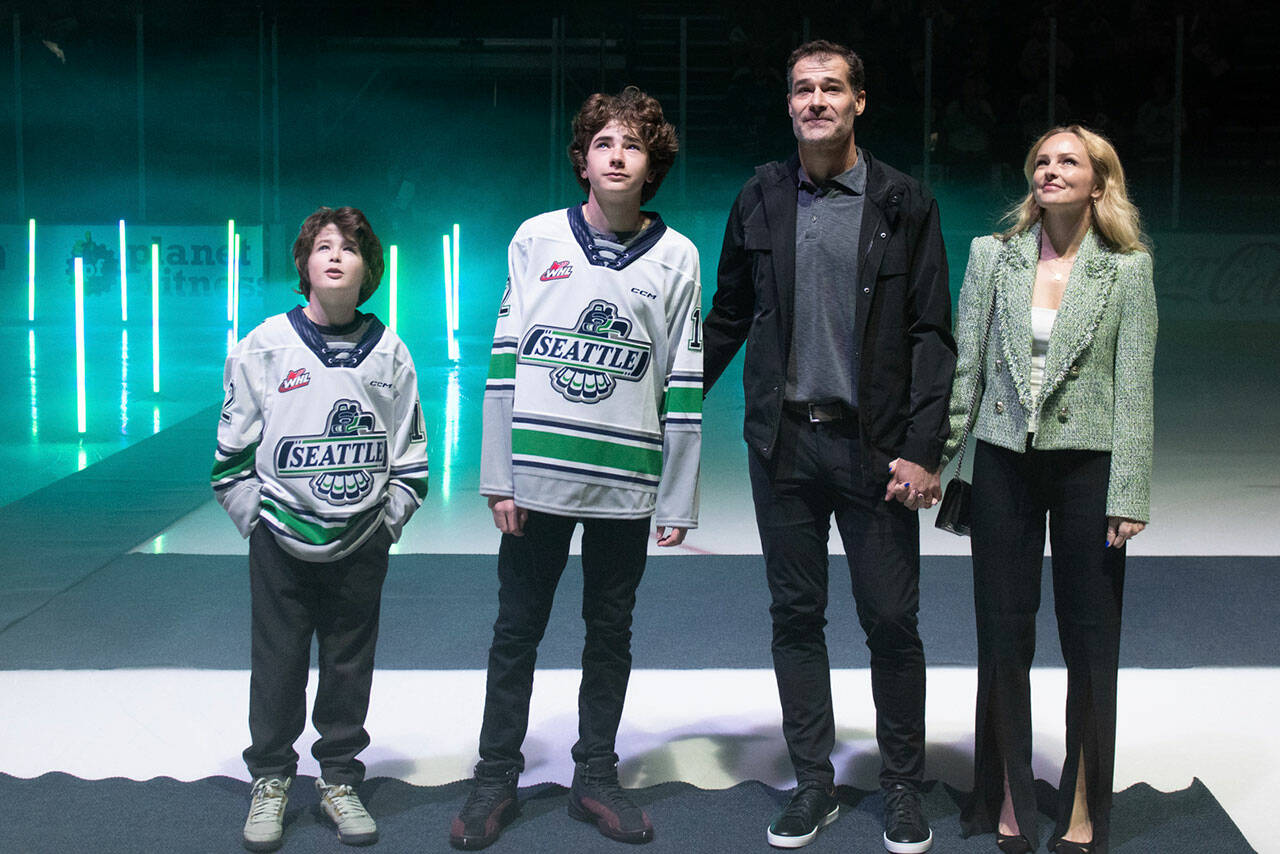 Patrick Marleau and his family watch his No. 12 go up in the rafters Nov. 3 at the accesso ShoWare Center in Kent. COURTESY PHOTO, Brian Liesse, Seattle Thunderbirds