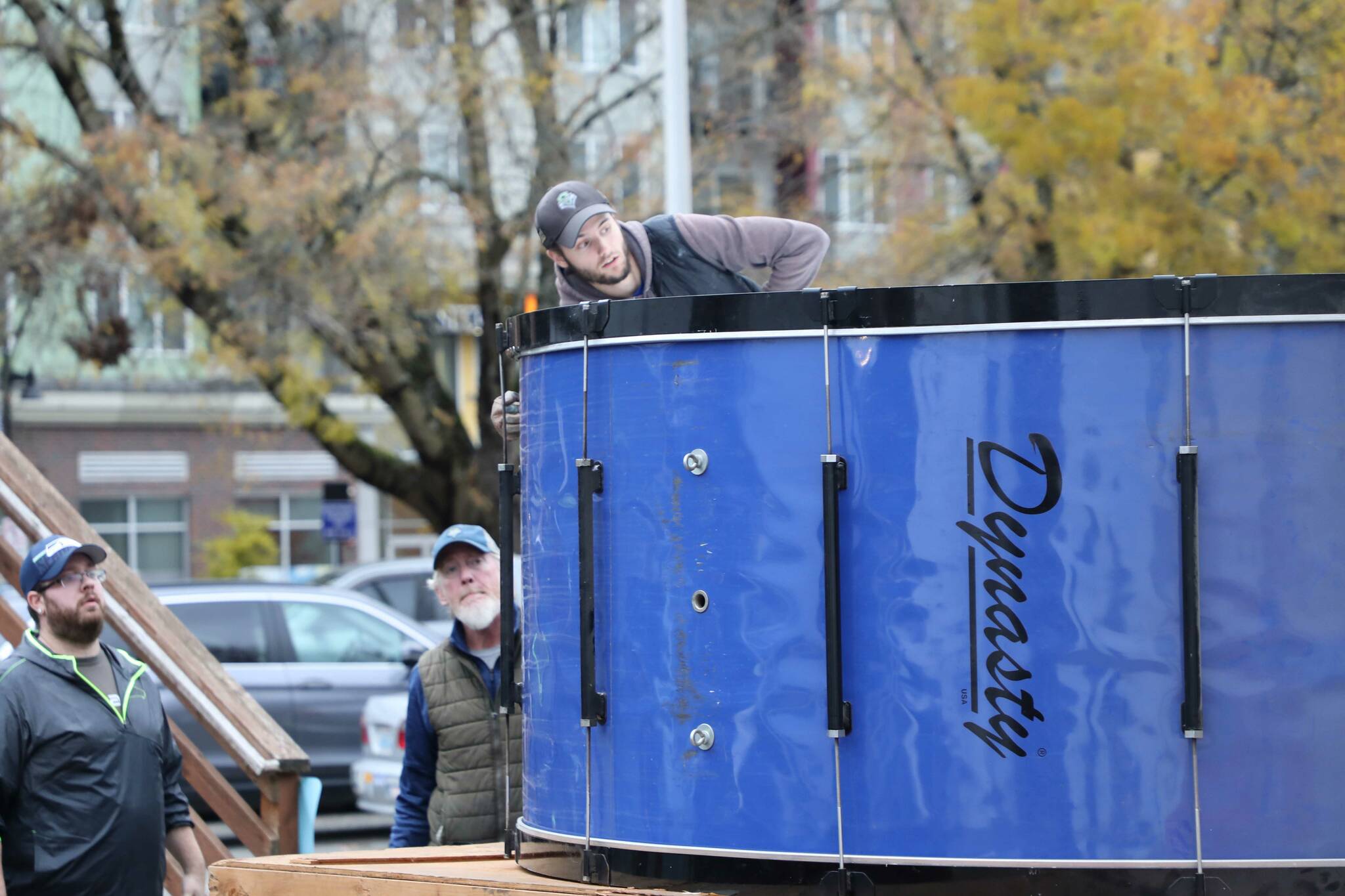 The Blue Thunder bass drum arrives on the bed of a flatbed truck. (Cameron Sheppard/Sound Publishing)