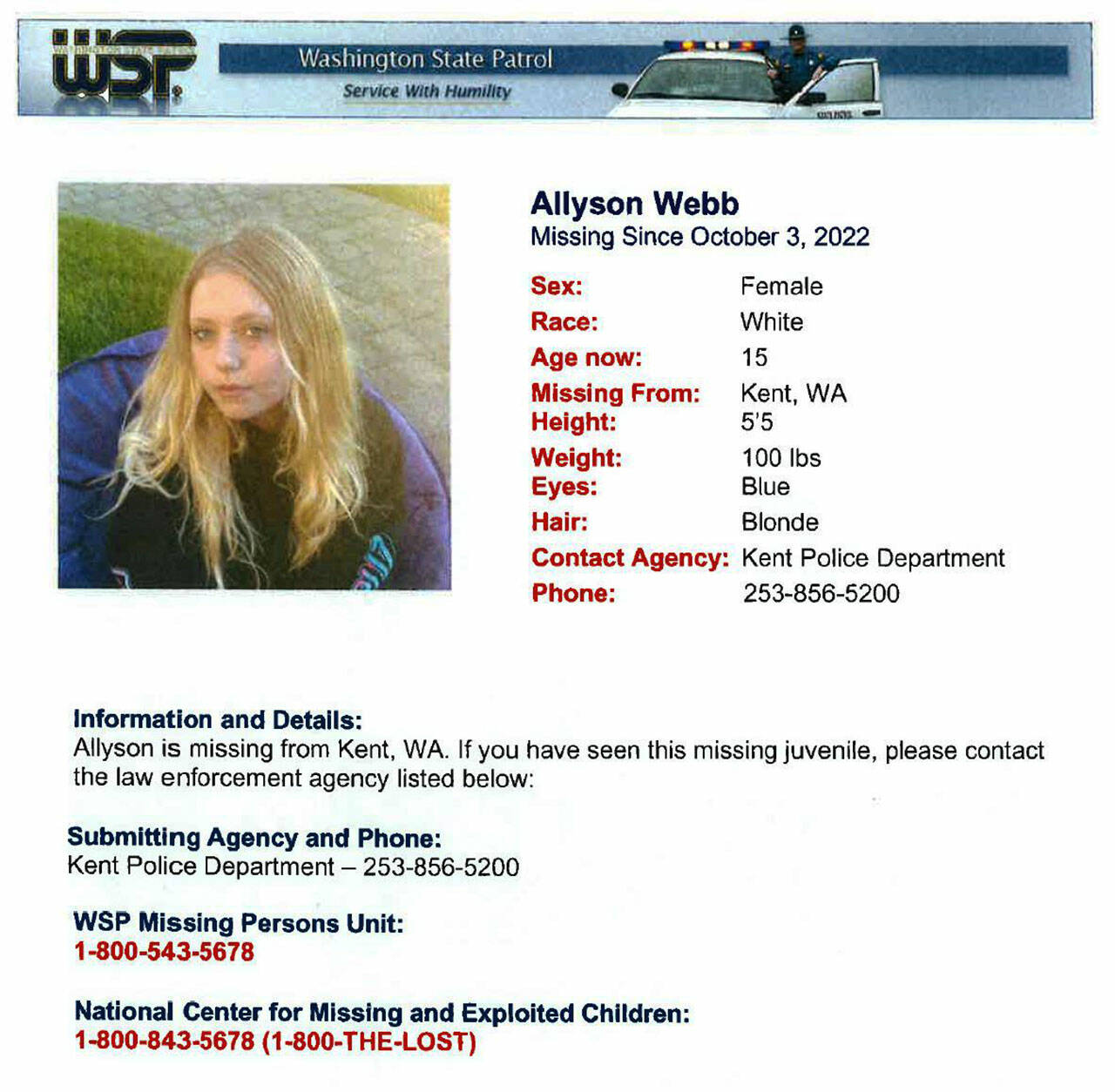 Allyson Webb’s status recently changed from runaway to missing after her parents reported they were no longer receiving phone calls or text messages. COURTESY IMAGE, Kent Police