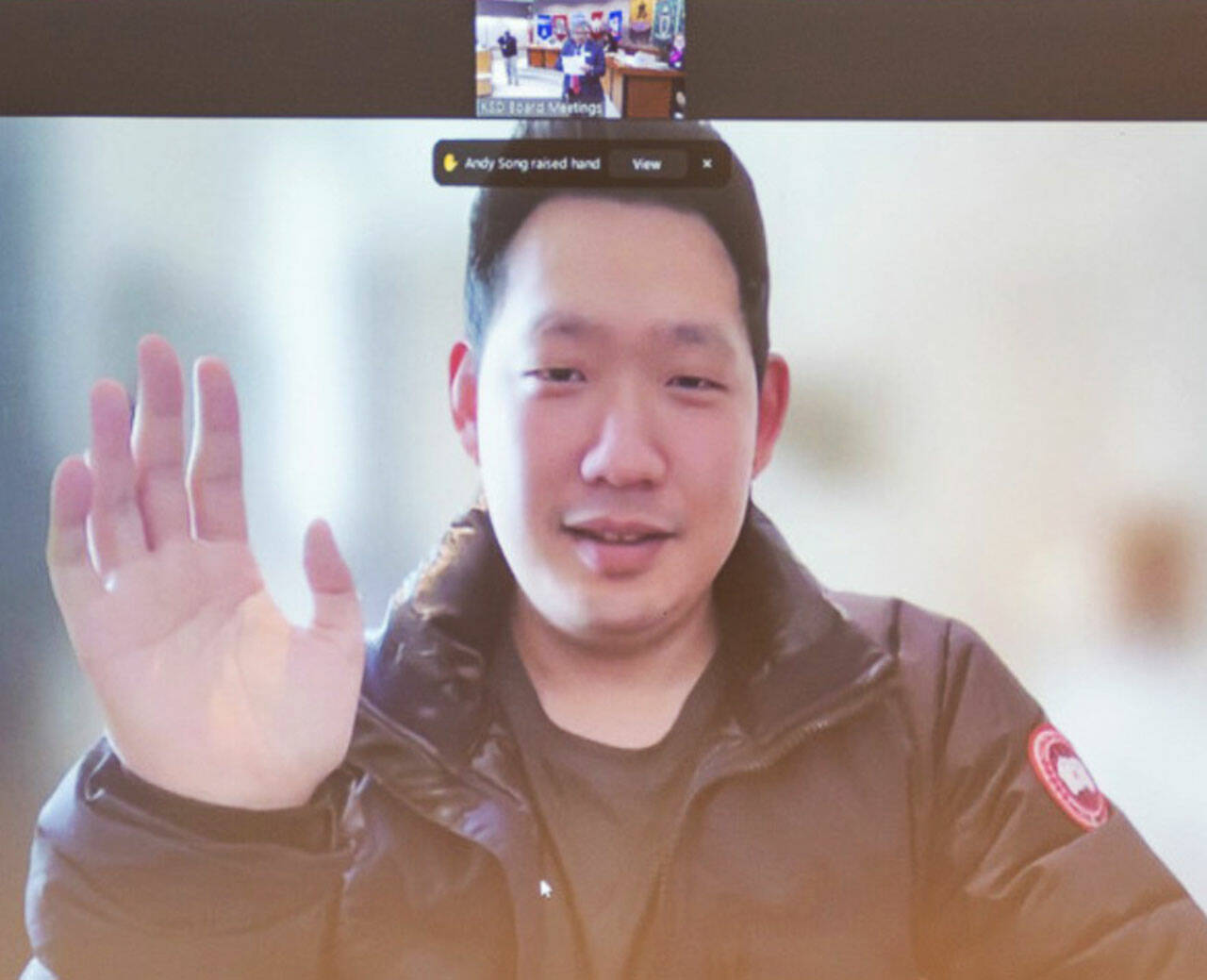 Andy Song, via video, sworn in to the Kent School Board. COURTESY PHOTO, Kent School District